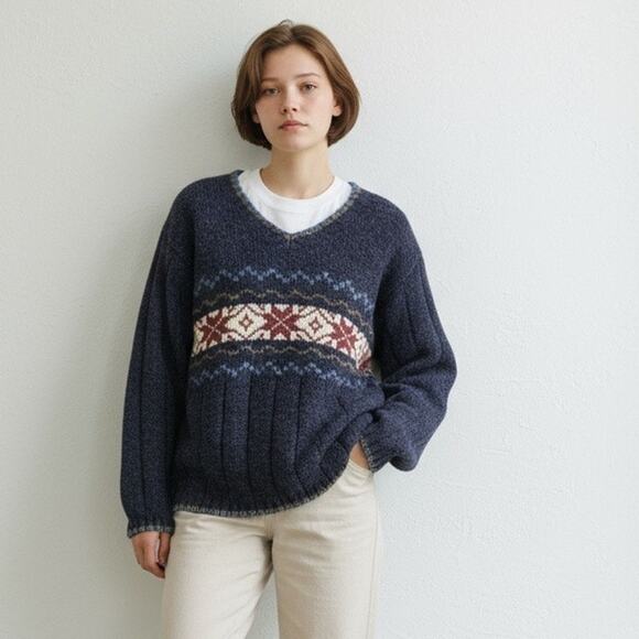 Vintage Y2K Fair Isle Sweater Women 1X Blue Snowflake Holiday Retro Winter Cabin - Picture 4 of 14